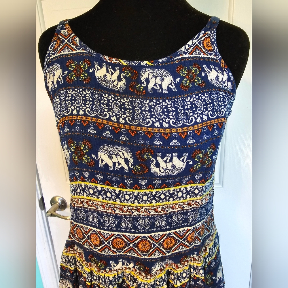 Derek Heart Blue Elephant Pattern Sleeveless Dress Women's Size S